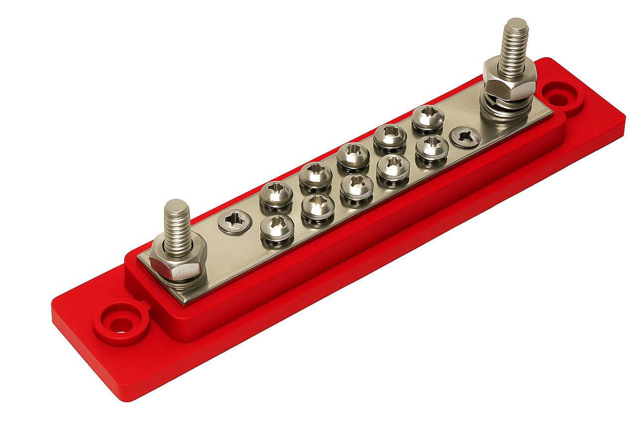 DC Verdeelstrip (busbar) 10 of 12 voudig, zwart of rood